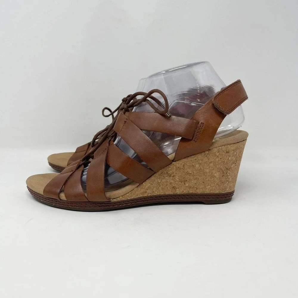 Clarks Helio Mindin Lace Up Cork Wedge Sandals Wms 10 Brown Leather Soft Cushion